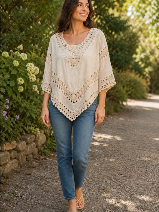ANDREE BY UNIT Tops - Andrée by Unit Cream Crochet-Trim Boho Poncho Top — One Size